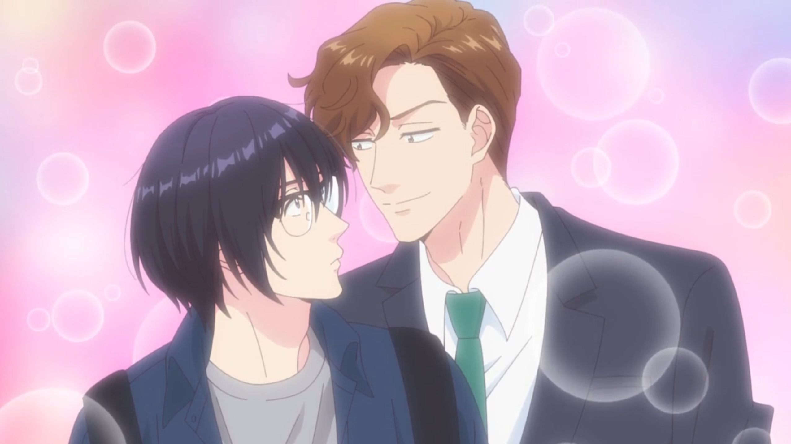 A man looking at another man with amorous intent with a cute sparkly background.